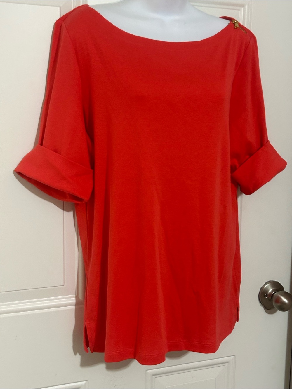 Lauren Ralph Lauren Bright Red Boatneck Roll-Tab Short Sleeve Top